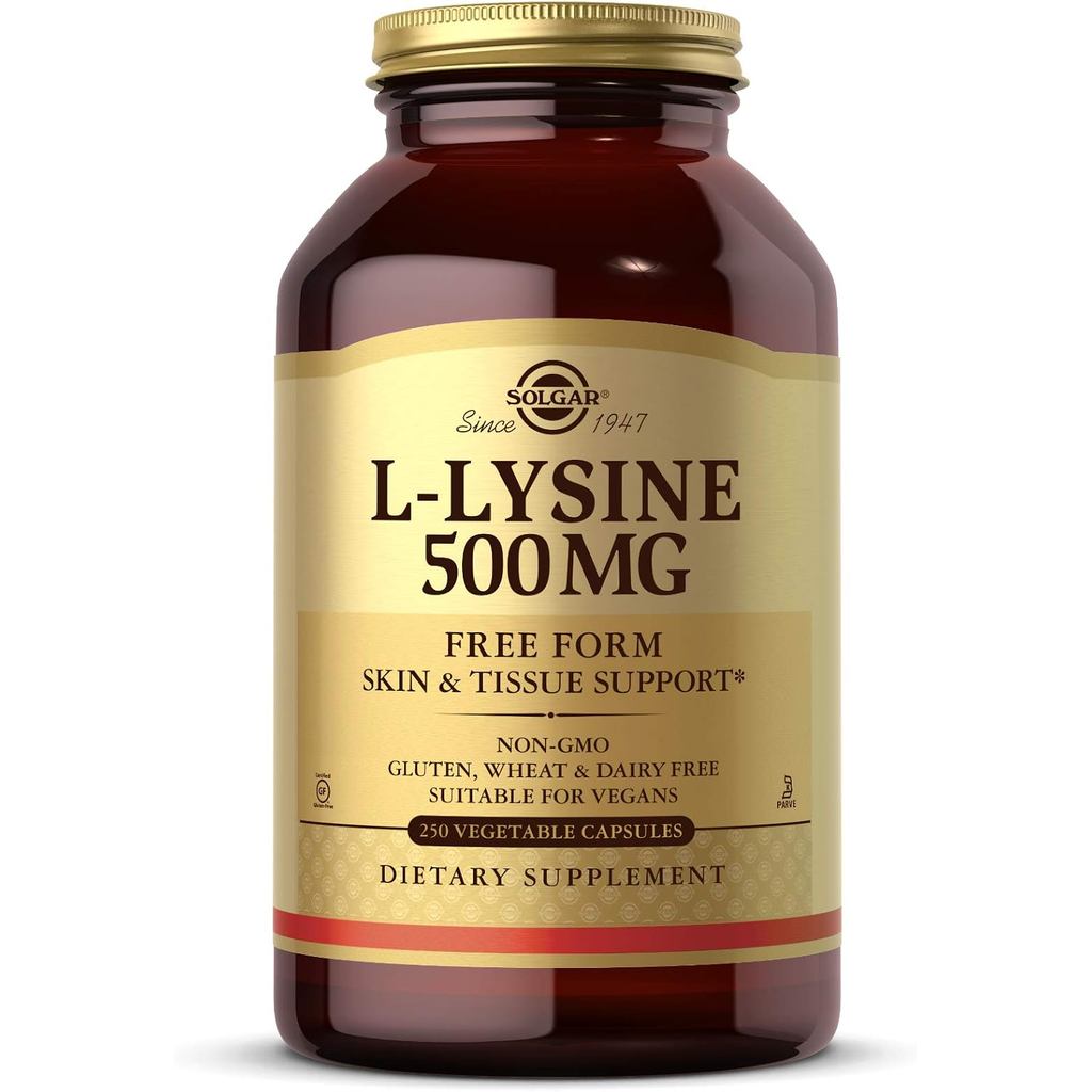 Solgar L-Lysine 500 มก., 250 แคปซูลผัก - รองรับคอลลาเจน - FDBQ ที่ไม่ใช่จีเอ็มโอ