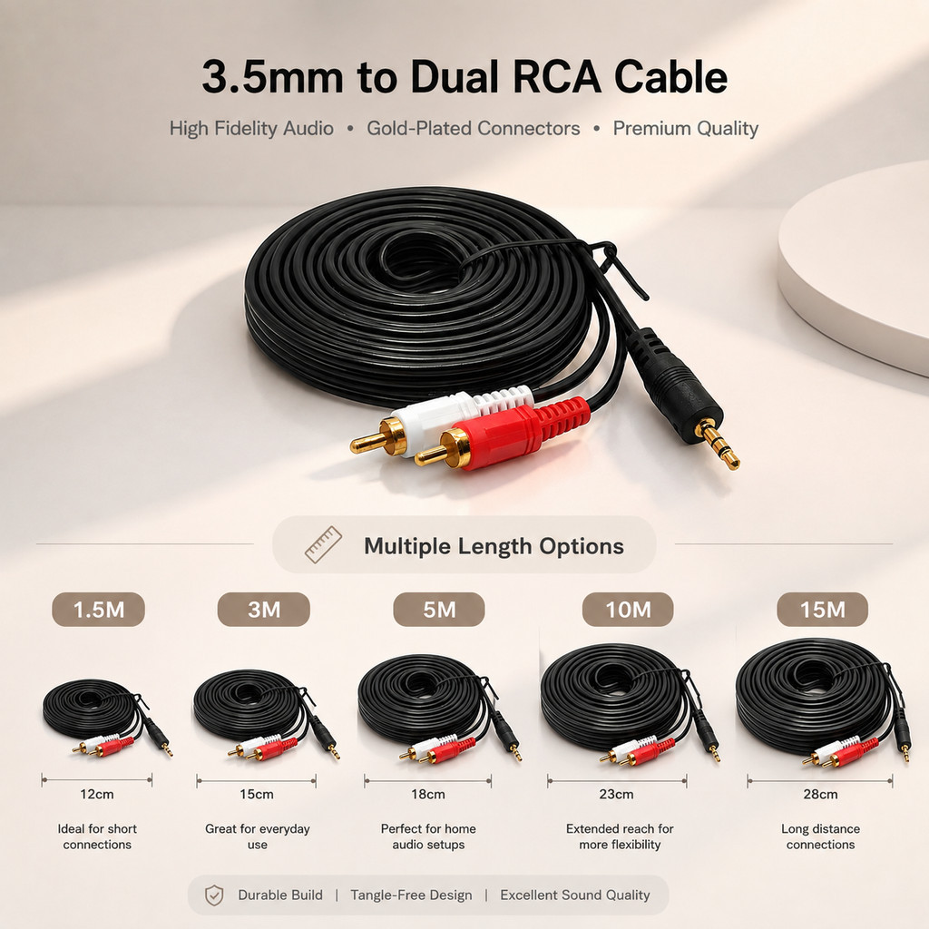 สาย AUX 3.5mm to 2 RCA สเตอริโอ หัวทอง ขาวแดง สายสัญญาณเสียง ต่อมือถือ คอม ลำโพง แอมป์ TV 1.5M/3M/5M