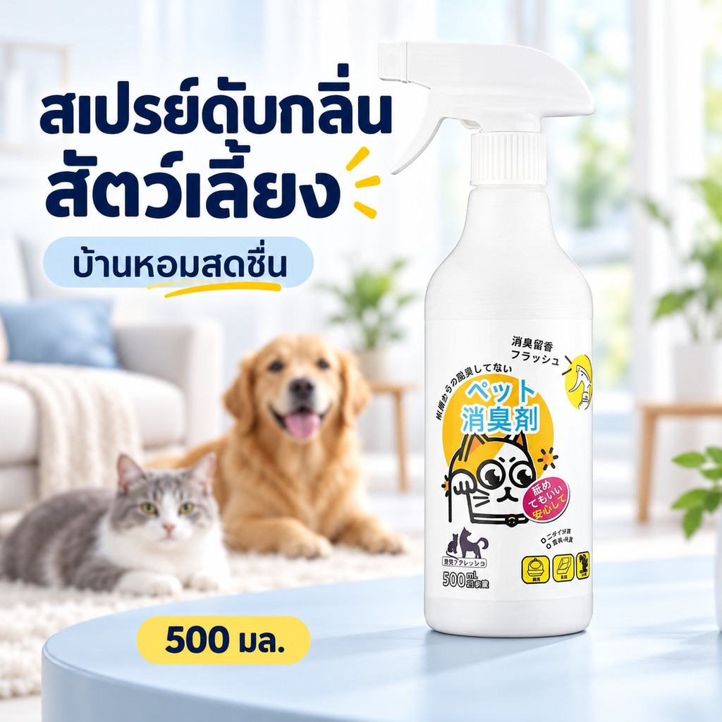 สเปรย์ดับกลิ่นสัตว์เลี้ยง ลดกลิ่นบนผ้าและที่นอน 500 มล. Pet Deodorizer