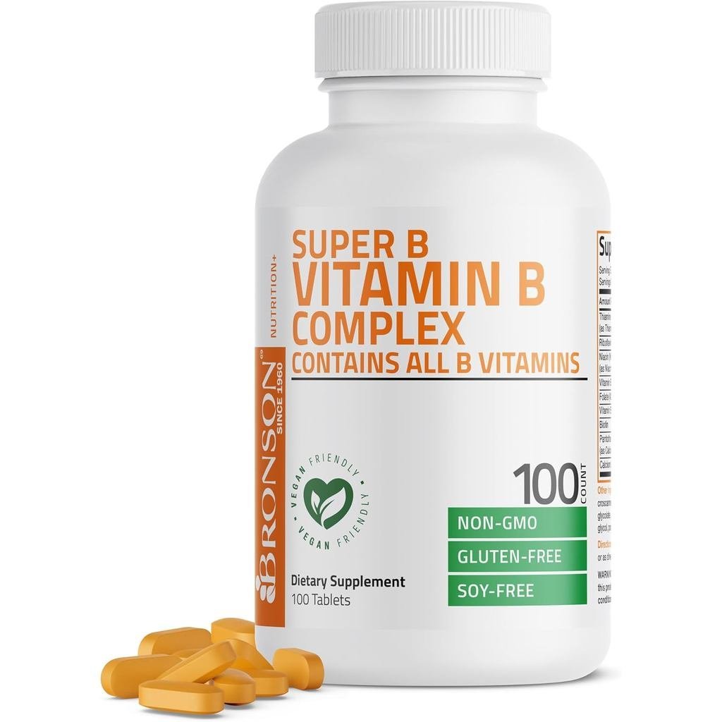 Bronson Vitamin B Complex (วิตามินบี 1, B2, B3, B6, B9 - กรดโฟลิก, B12), 100 เม็ด