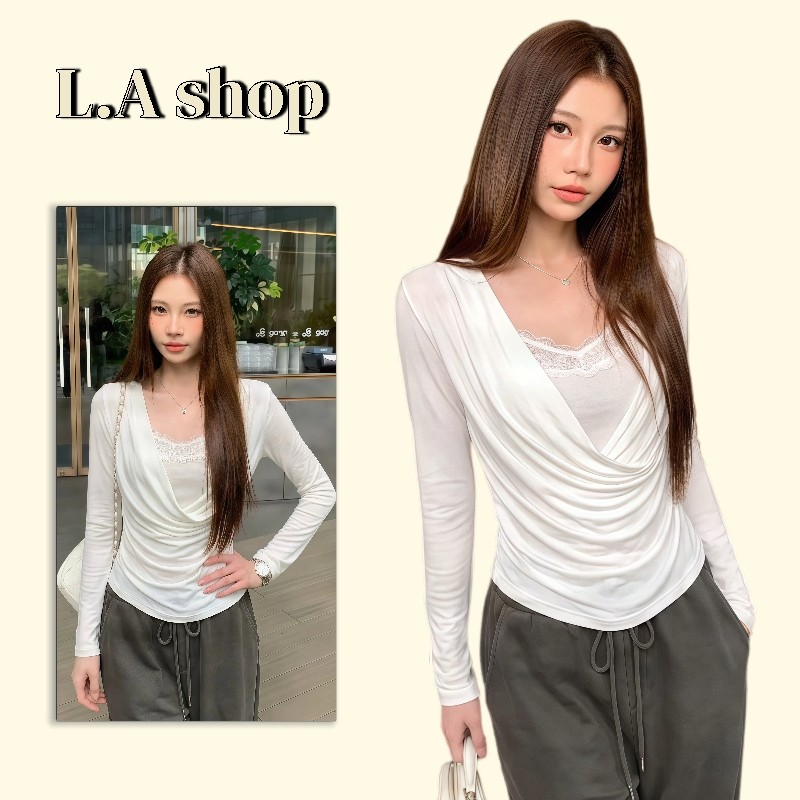 L.A Shop★พร้อมส่ง เสื้อแขนยาว ดีไซน์2ชิ้นปลอม ลูกไม้ปกคอ ทรงกระชับรัดรูป สไตล์เกาหลี-A8475