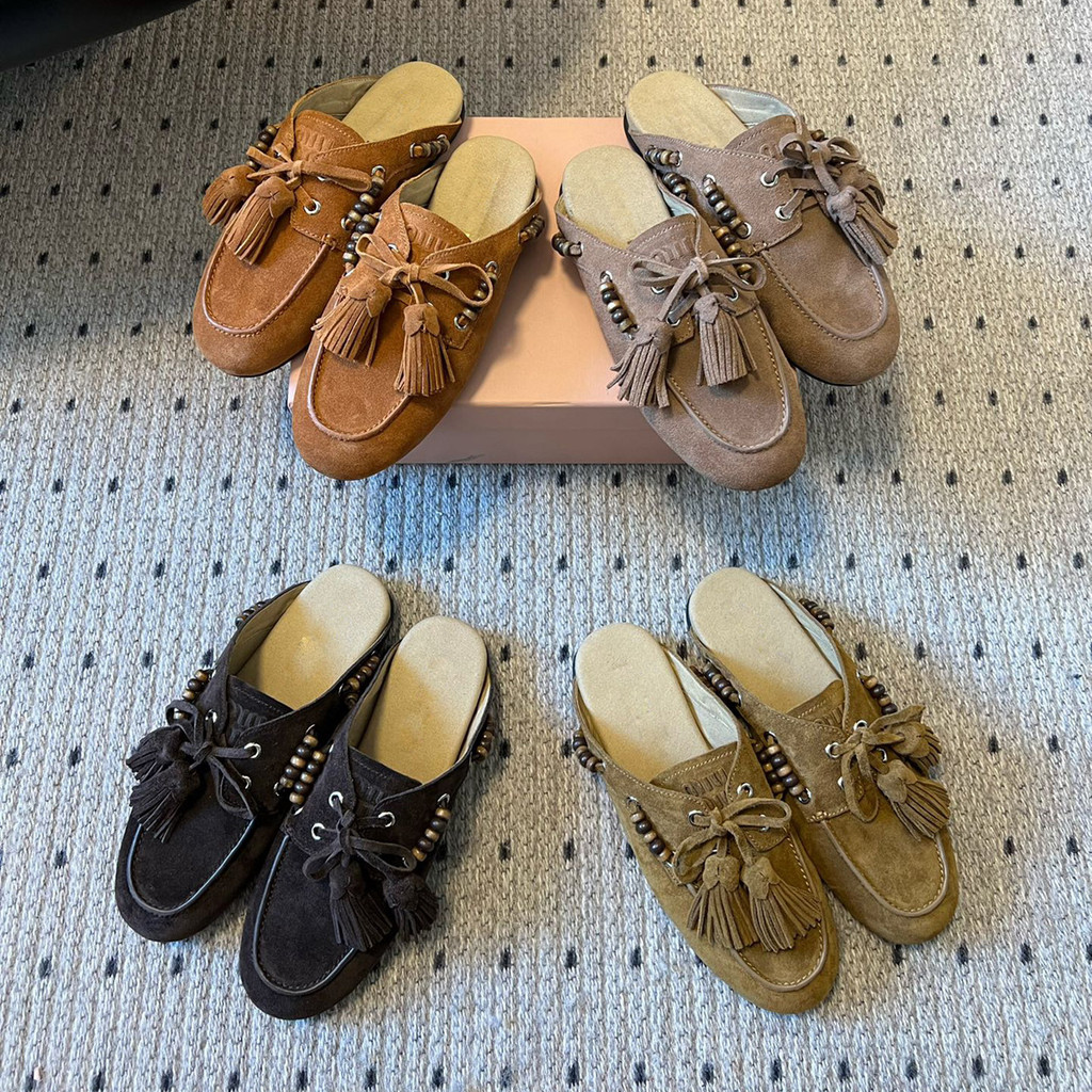 DDZ6 MIUMIU Retro พู่รองเท้าไม่มีส้นผู้หญิงหนังแท้แบน Slip-On Lazy Slip-On Slip-On Slip-On Slip