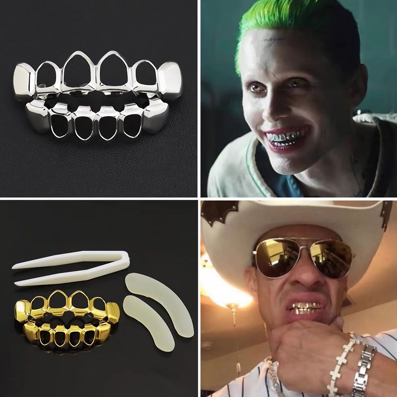 พร้อมสต็อก Flow Joker Joker Hollow Gold-Plated Glossy Braces Hip Hop Rap ฟันปลอมชาย 9.12