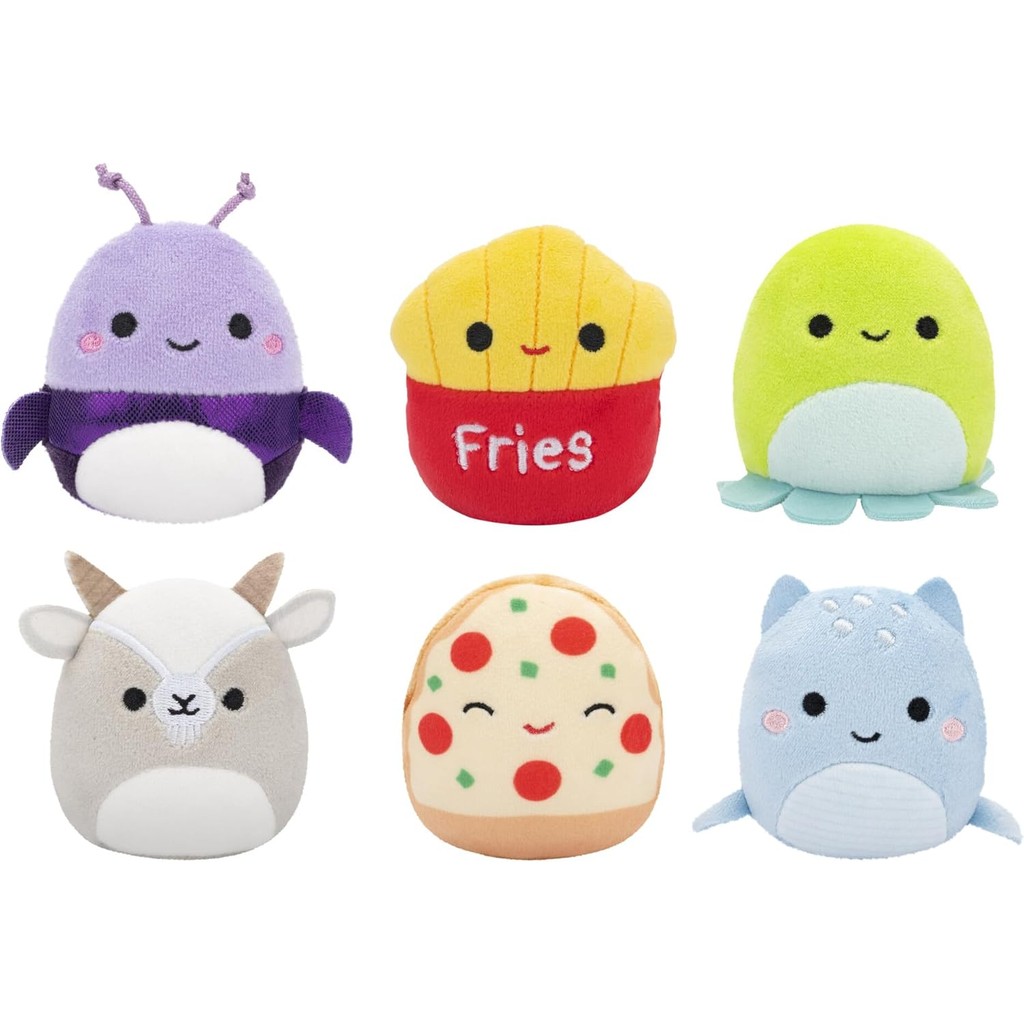 Squishmallows Original Micromallows 6-Pack – Axel Beetle, Lune Loch Ness Monster, Floyd French Fries
