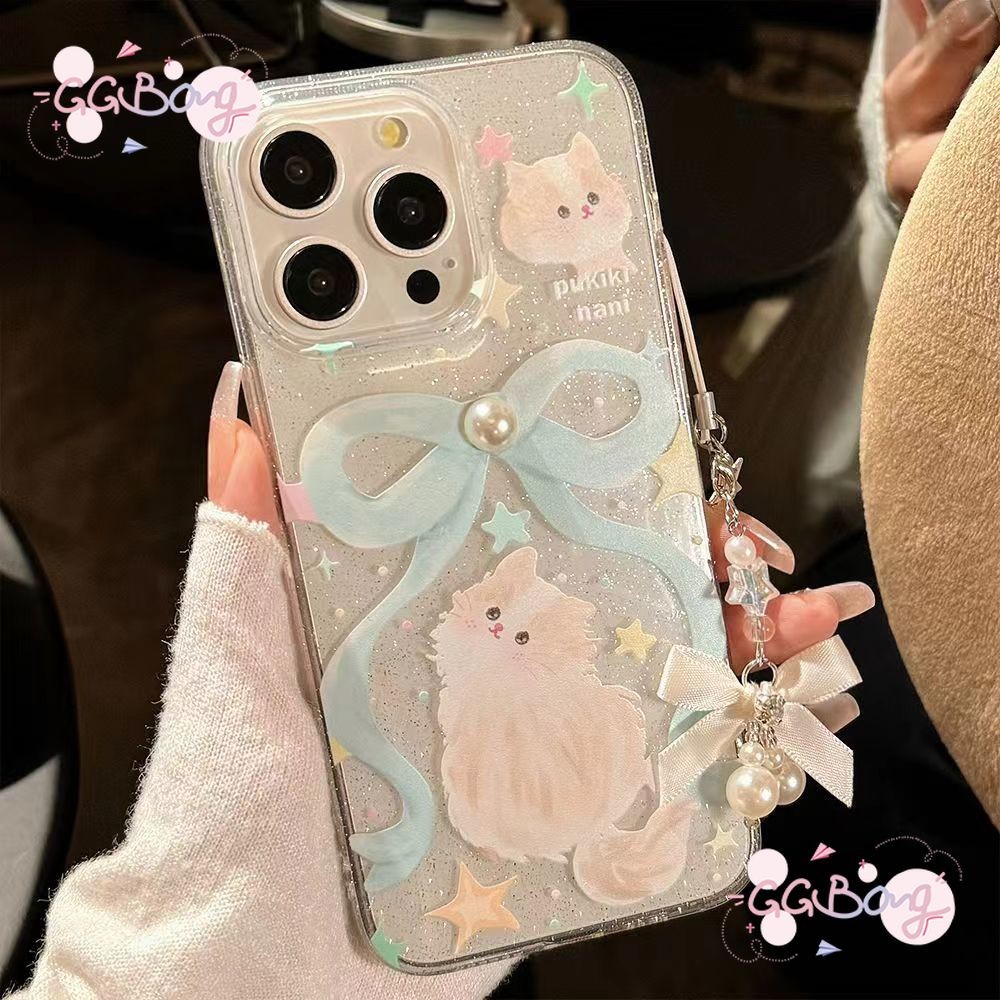 เหมาะสำหรับ IPhone 17 15 11 13 12 16 14 Pro Max X XS XR Max 7 8 Plus ประกายลูกแมวไข่มุกดาวโบว์ผงกากเพชรฝาครอบพลาสติกใส