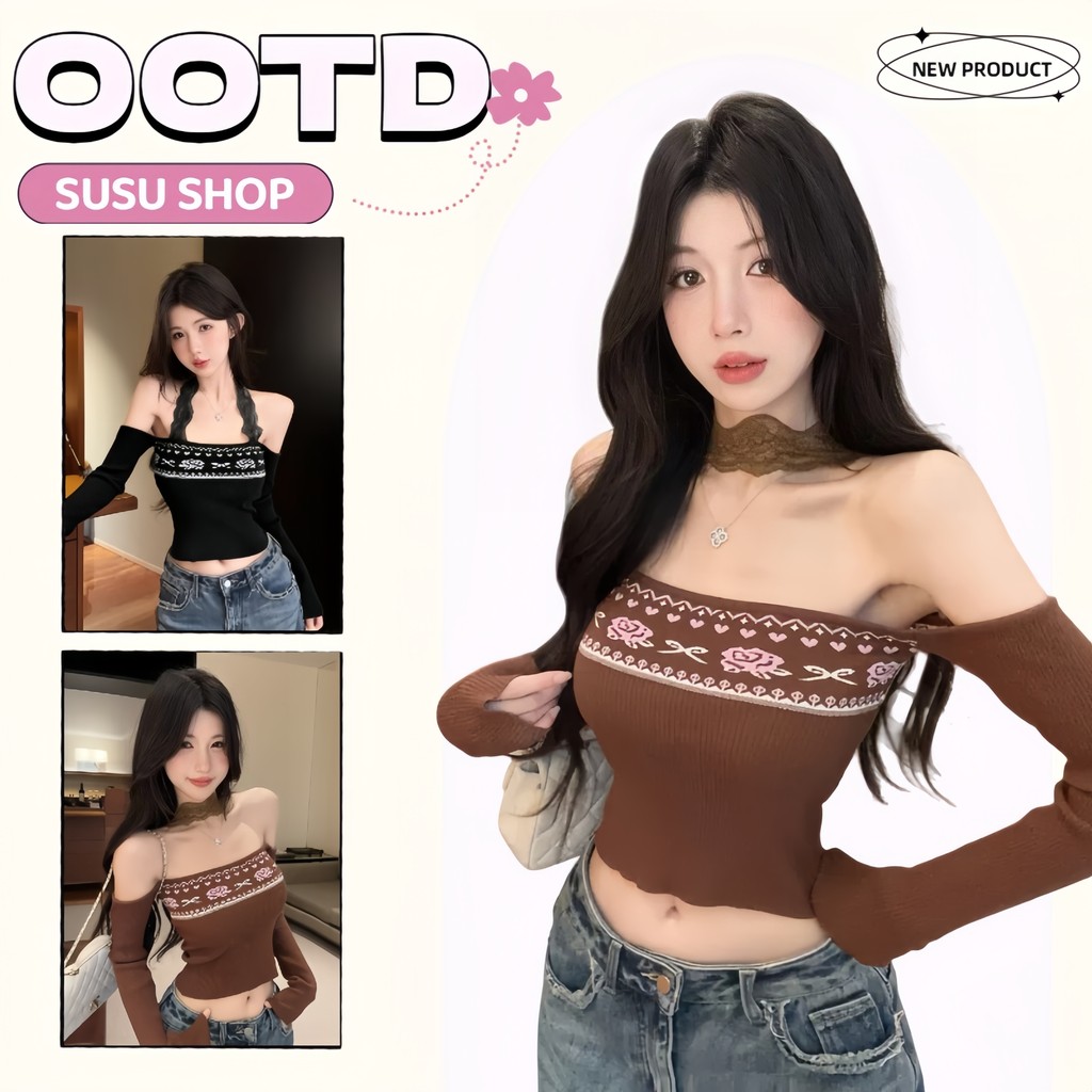 SuSu พร้อมส่ง สไตล์เกาหลี เสื้อไหมพรมเปิดไหล่ น่ารักมากๆ แขนยาว สไตล์โบฮีเมี่ยน สีพื้นยืดพอดีตัว "31