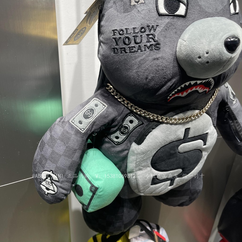 Sprayground Black Money Bear Street Wear Shark Mouth Men Women Backpack Domestic Counter Daigou