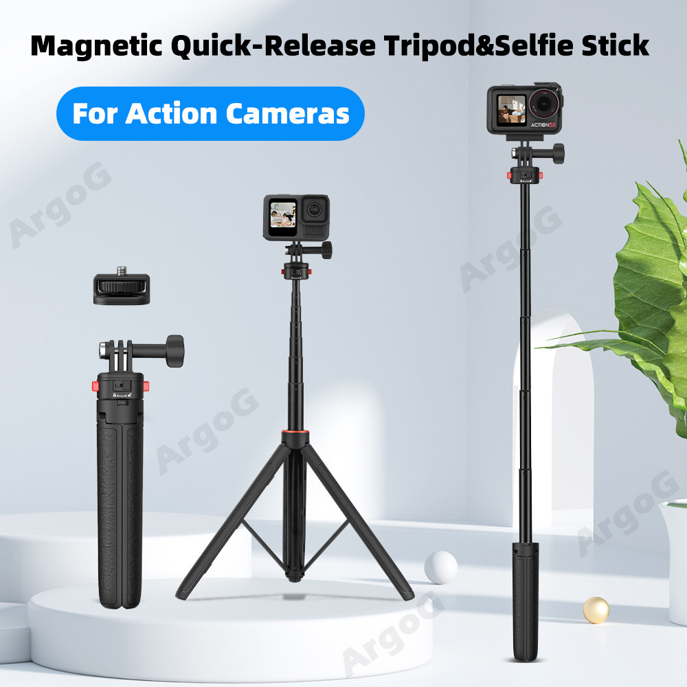 ArgoG ไม้เซลฟี่ขาตั้ง แม่เหล็กปลดเร็ว ขา 3 แฉก และเกลียว 1/4 ปรับได้ 6 ท่อน อุปกรณ์เสริมกล้องแอคชัน