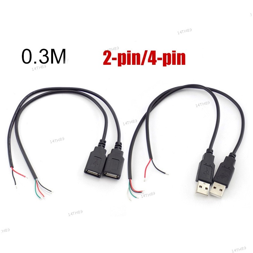 0.3 M USB 2.0 หญิงชายแจ็คชาร์จ 2 ขา 4 Pin Deta สายเคเบิลขยายสายไฟ DIY 5V อะแดปเตอร์ 14TH89