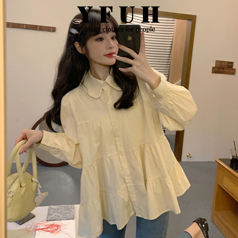 YFUH🎀เสื้อเชิ้ตคอระบายสไตล์ตุ๊กตาน่ารัก✨ดีไซน์แขนโคมไฟ💖สีขาวบริสุทธิ์🌸สไตล์หรูหราS-XL