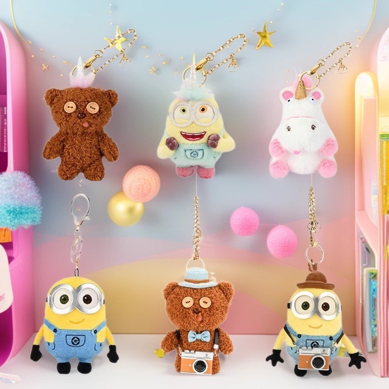 Universal Minions ของแท้ที่ได้รับอนุญาต Minions TIM Bear Unicorn ตุ๊กตาจี้ตุ๊กตากระเป๋าเป้สะพายหลังพ