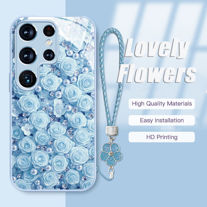 สําหรับ Samsung Galaxy S25Ultra,S24Ultra,S23,A56 A55 เคสโทรศัพท์ Hard Liquid Glass ปลอกสายคล้องมือเพชร rose รูปแบบน่ารัก A34 A14 A53 A52 S22Ultra S23FE - รูปที่ 7