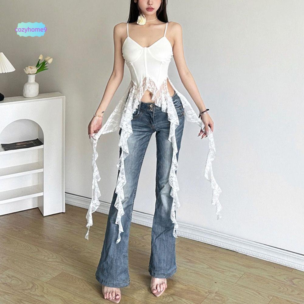 COZYHOME9 ลูกไม้พู่ Camisole, A-line Ruffled Edge Lace-up Slim Crop Top,สไตล์ฝรั่งเศสVคอStreetwear B