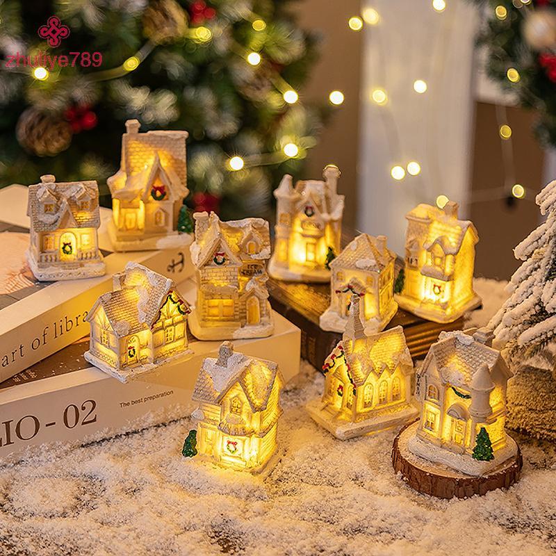 <zhuliye789>ตกแต่งคริสต์มาสเรซิ่นบ้านหลังเล็กLight Up Village House Figurinesการ์ตูนเครื่องประดับตาร