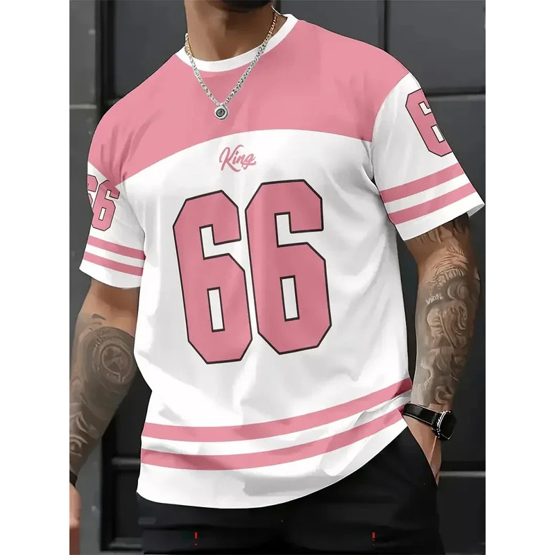 2025 ผู้ชายสีแดง KING 66 พิมพ์สไตล์เสื้อยืดผู้ชายแขนสั้น v- คอกีฬา Tee Vintage บาสเกตบอลเสื้อยืดผู้ช