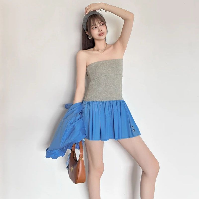 WX0Y Miu mm Spring Summer New Style Hem Letter Embroidery Versatile Slim Fit Patchwork Sleeveless Tu