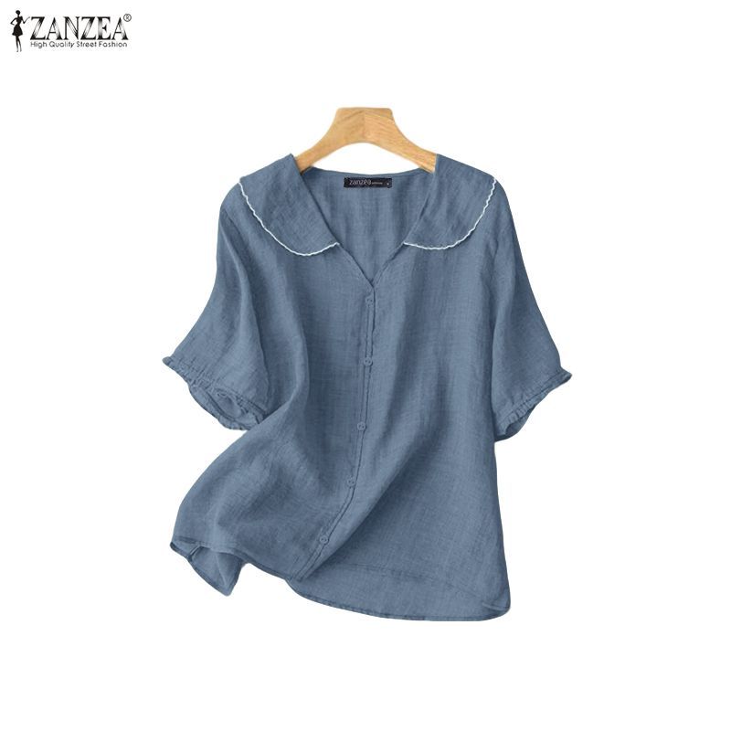 ZANZEA Womens Causal 3/4 Sleeve Neckline Lace Cuff Ruffle Loose Shirt