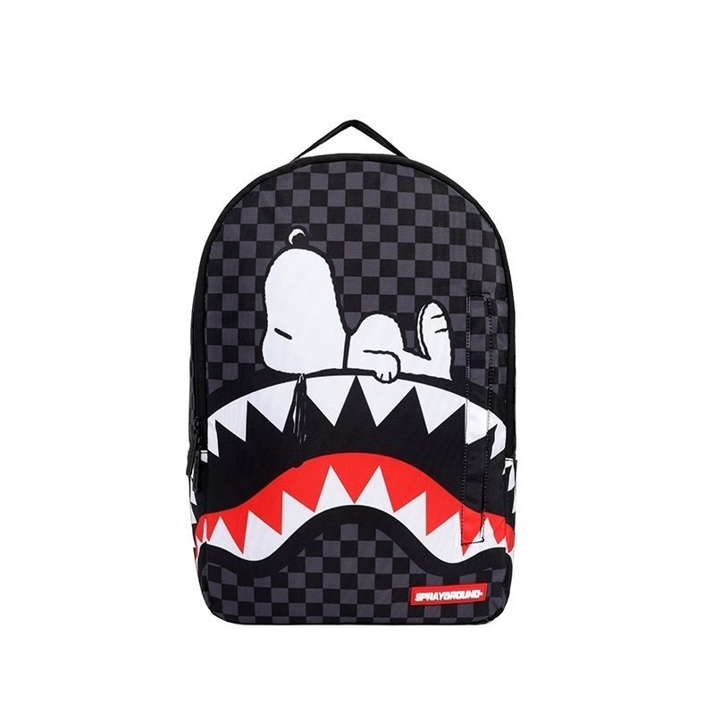 SG Sprayground Shark Mouth Snoopy Backpack ความจุขนาดใหญ่ Checkerboard Fashion Street Wear Student C