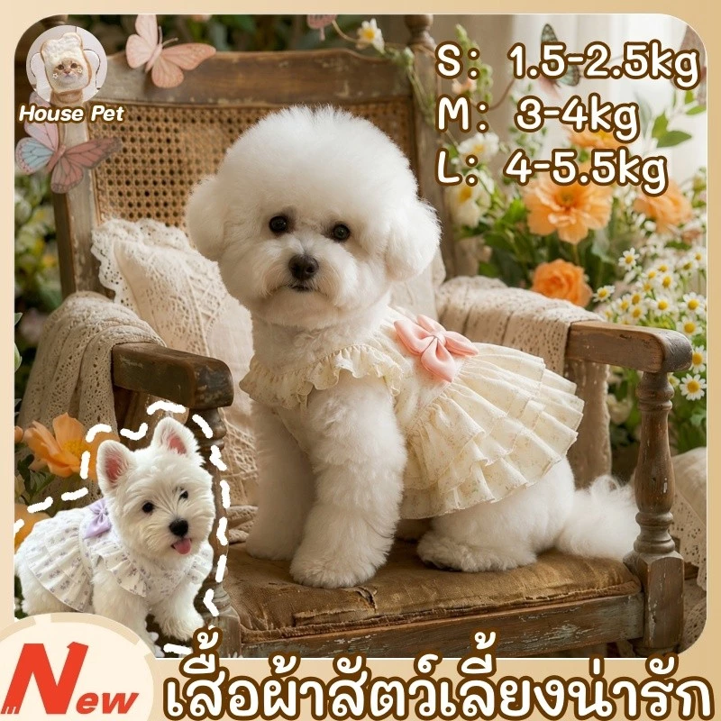 New เสื้อผ้าสัตว์เลี้ยงน่ารัก ชุดแมวน่ารัก ชุดแมวเจ้าหญิงฤดูร้อน นุ่มและสบาย ระบายอากาศ ตกแต่งโบว์