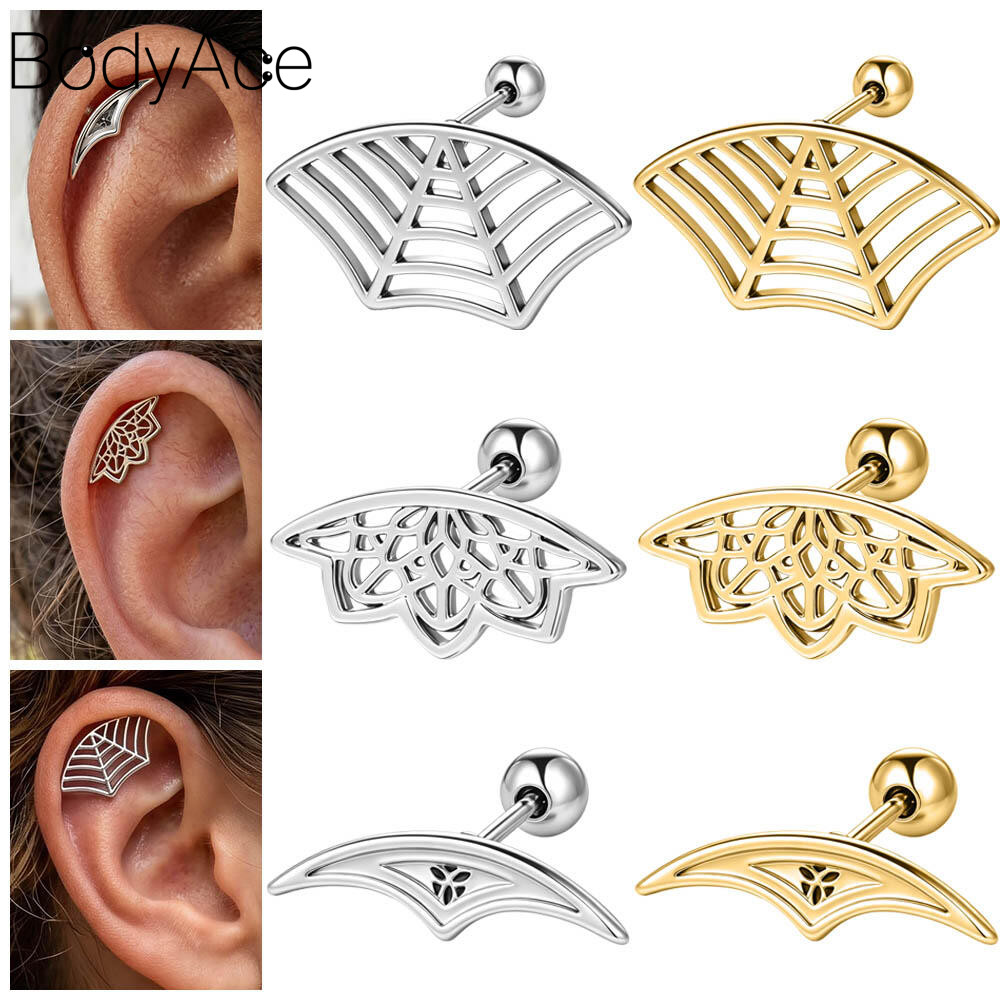 Bodyace 1 Pc 18G สแตนเลสสตีลหูเจาะ Spider Web Shape STUD ต่างหู Helix ต่างหูกระดูกอ่อนหู