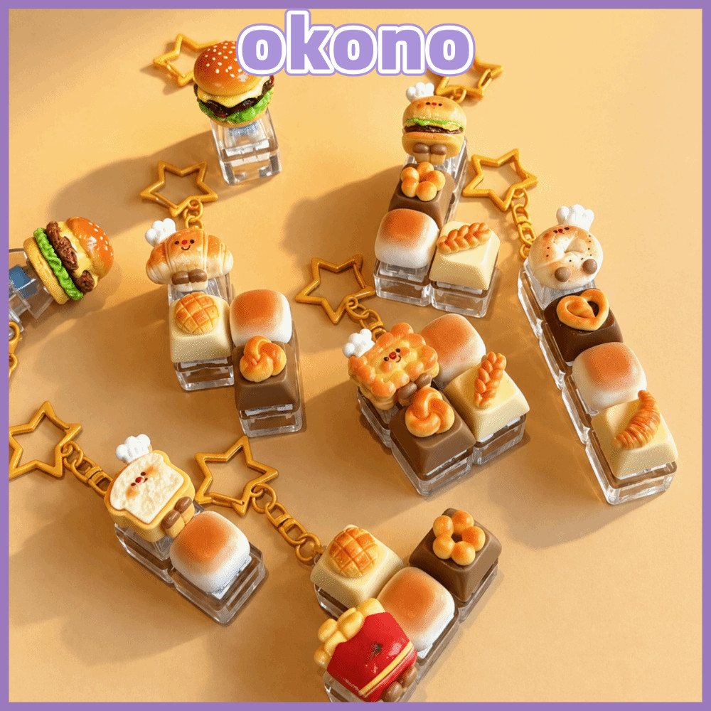 OKONO คีย์บอร์ดพวงกุญแจจี้,เรซิ่น Hanbarger French Fries Fidget พวงกุญแจ, ของเล่นอาหารตลกพร้อมไฟการ์ตูนขนมปัง Keycap ของเล่นพวงกุญแจสําหรับผู้ใหญ่