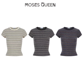 MOSESQUEEN เสื้อยืดแขนสั้นลายทางสีตัดกันย้อนยุคสไตล์อเมริกันคอกลมและดีไซน์ไหล่ด้านหน้า - ท็อปมีสไตล์สําหรับร่างกาย #63960