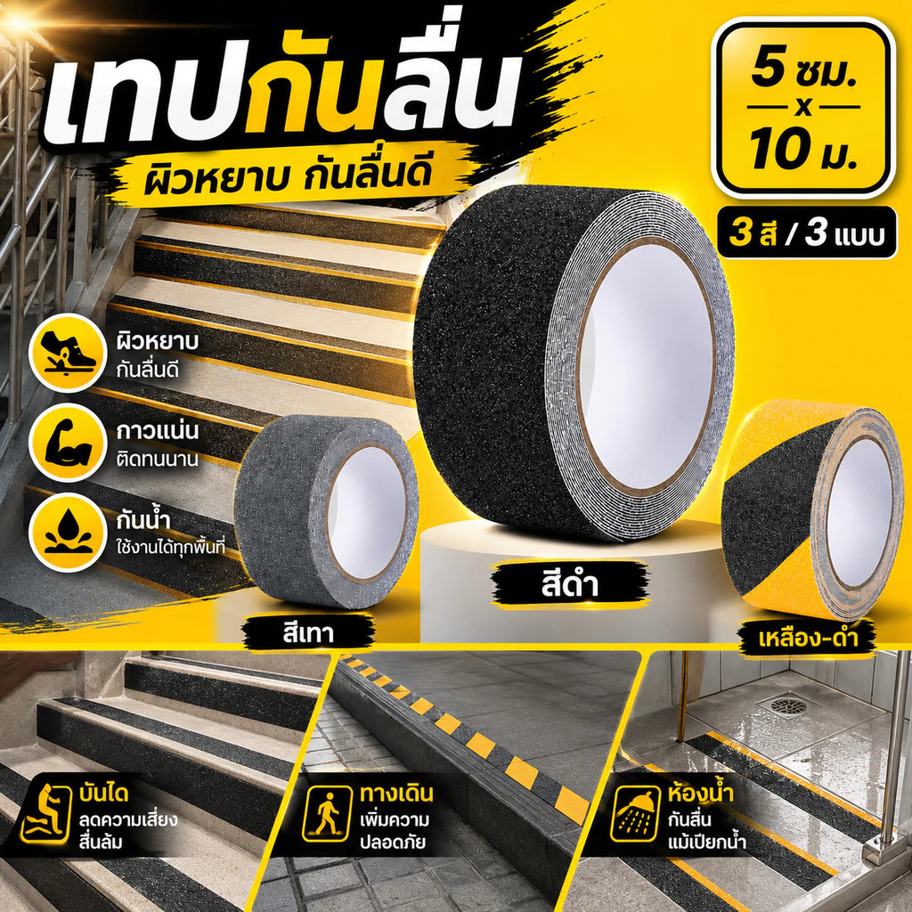 เทปกันลื่น 10 เมตร ติดแน่น กันน้ำ เทปติดบันได พื้นห้องน้ำ ทางลาด เพิ่มความปลอดภัยในบ้าน เกรดพรีเมียม ยาว 10M พร้อมส่ง