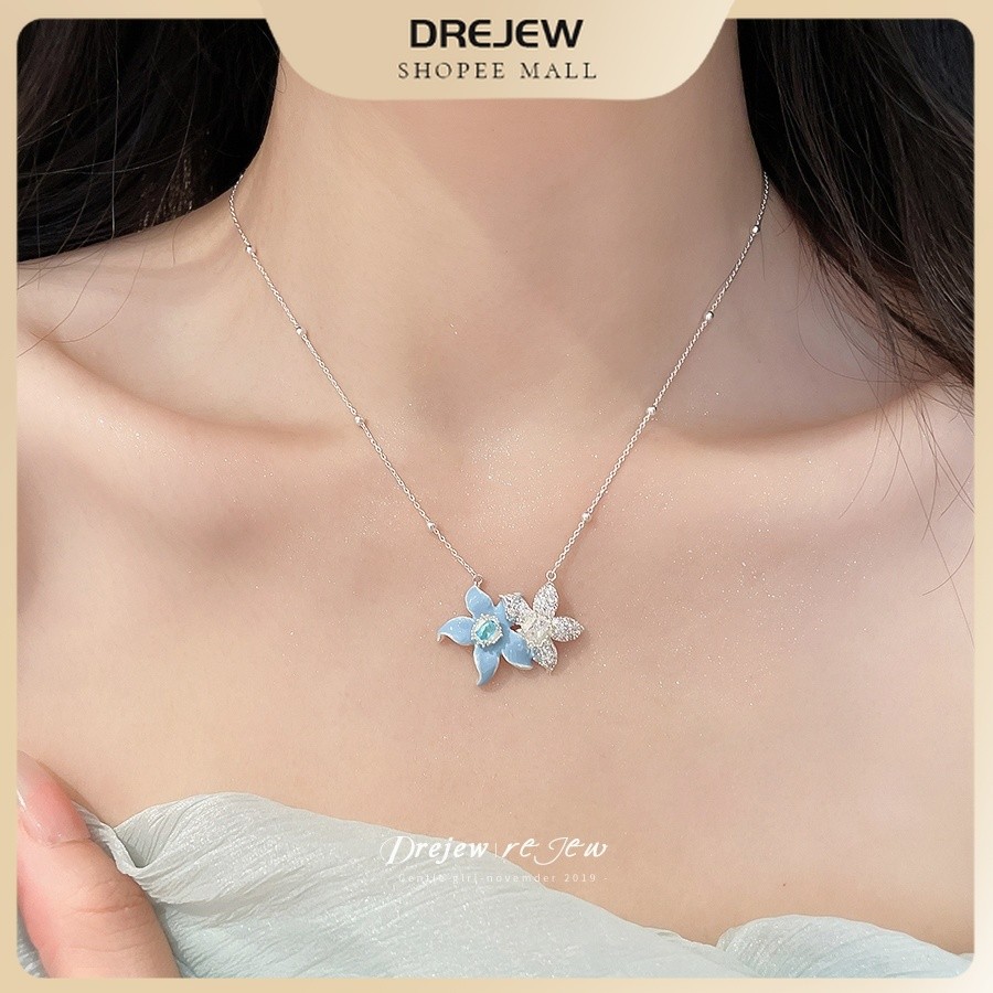 Dreejew Silver Tone Blue Enamel และสร้อยคอจี้ดอกไม้เพทายสําหรับการจับคู่ทุกวันและอเนกประสงค์