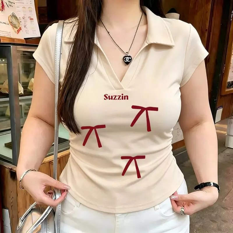 เสื้อทรงซ้อ เสื้อครอปสาวอวบ เสื้อยืดผู้หญิงทรงสลิม เสื้อเชิ้ตโบว์ เสื้อเชิ้ตโบว์ เสื้อยืดทรงจีบธรรมดาสำหรับผู้หญิง