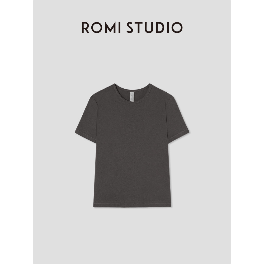 R ROMI STUDIO Casual Minimalist ผ้าลินินผ้าฝ้ายผสมสีทึบน้ําหนักเบารอบคอแขนสั้นเสื้อยืด RW25RSM0163