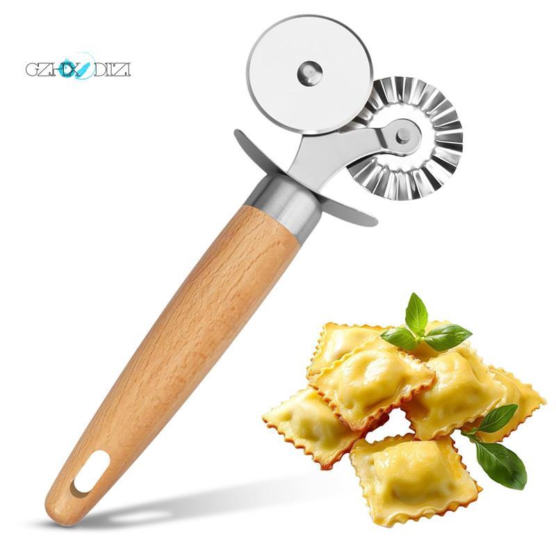 GzhxdiiziFluted Pastry Cutter ล้อคู่ Ravioli เครื่องตัดเครื่องมือด้ามไม้-สําหรับเครื่องตัดพาสต้าล้อส