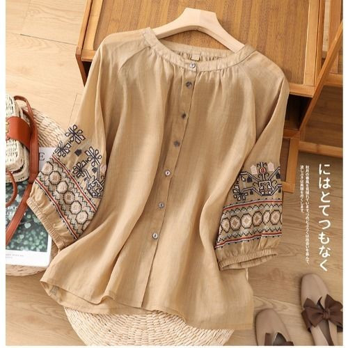 เสื้อเชิ้ตแขนเสื้อโคมไฟปักลายหนักแนววินเทจสําหรับผู้หญิงเสื้อตัวในผ้าคอตตอนลินินกระดุมแถวเดียวหรูหราฤดูร้อน