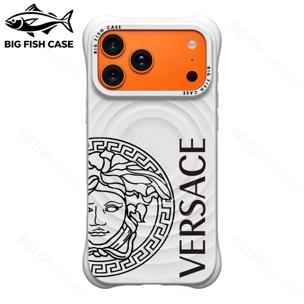 เคสไอโฟน สีขาว คลื่นแม่เหล็ก ปกป้องกันรอย ลายลายเส้นโลโก้ Versace สไตล์แบรนด์หรูเรียบง่ายโมเดิร์น ครอบคลุม iphone17 16 1