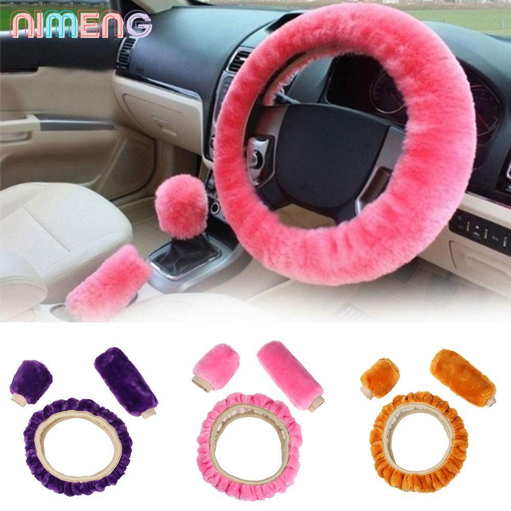 NIMENG 3 ชิ้น/เซ็ตฝาครอบพวงมาลัย Charm ยานยนต์ภายใน Warm Fur ยาว Plush Handbrake