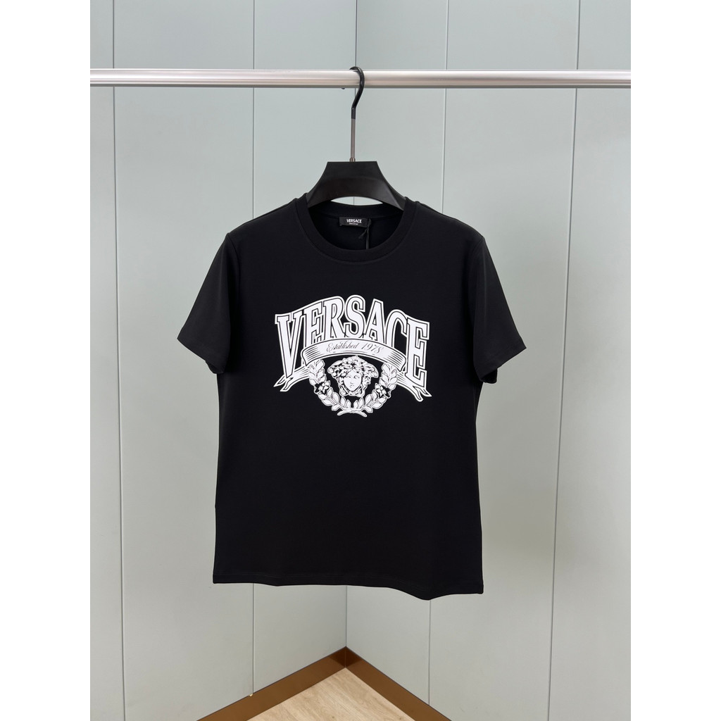 Versace/Versace tee พิมพ์แขนสั้นผู้ชายผู้หญิงเสื้อยืด High-End เสื้อยืดแขนสั้นเสื้อยืดเหงื่อ-