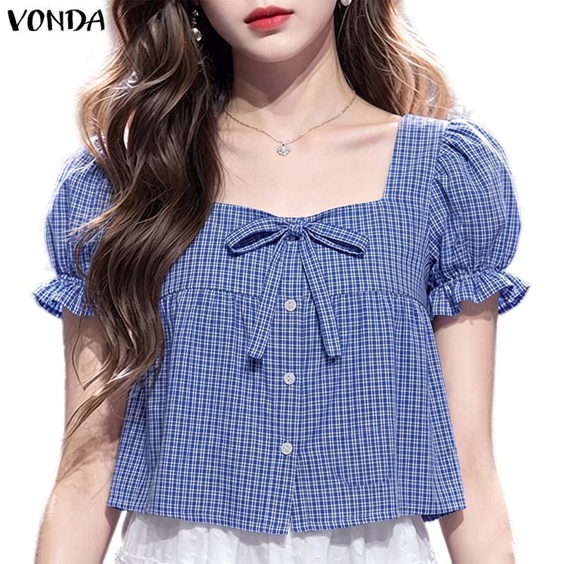 VONDA ผู้หญิงเกาหลี Girly Sweet Square Collar Puff Sleeve Bows Design Button Up A-Swing Plaid Shirts