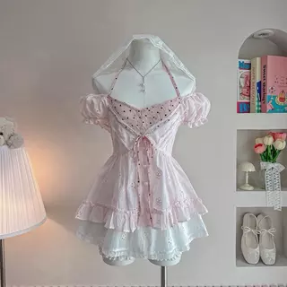 Polkadot flower เสื้อแขนตุ๊กตา ปาดไหล่ กระโปรงน่ารัก มีขายแยก / ลูกค้าได้โปรดอ่านสัดส่วนก่อนกดสั่งซื้อ) t70+t66