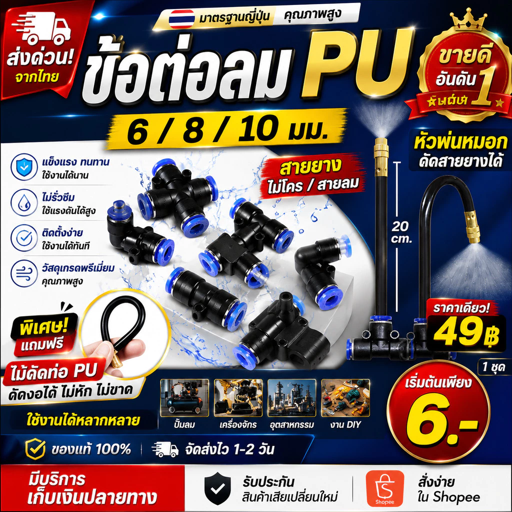 ข้อต่อ นิวเมติก ข้อต่อท่อลม PU 6mm. 8mm. ท่อลม ข้อต่อสายไมโคร สายพ่นหมอก 1 2 3 4ทาง 6มม 8มม พลาสติกหนา ทนแดด
