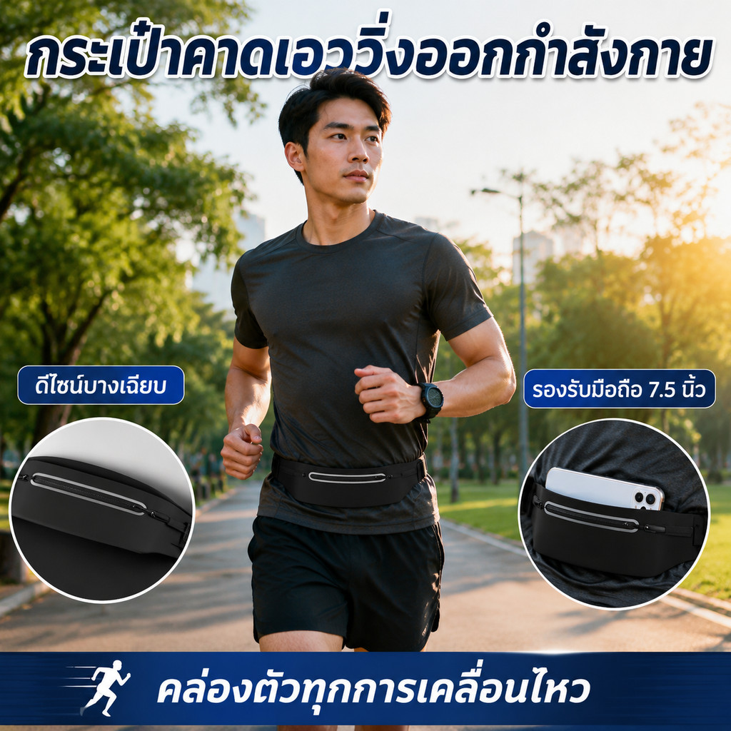 กระเป๋าคาดเอวออกกำลังกายสีดำทรงเพรียวบาง รูปที่ 5