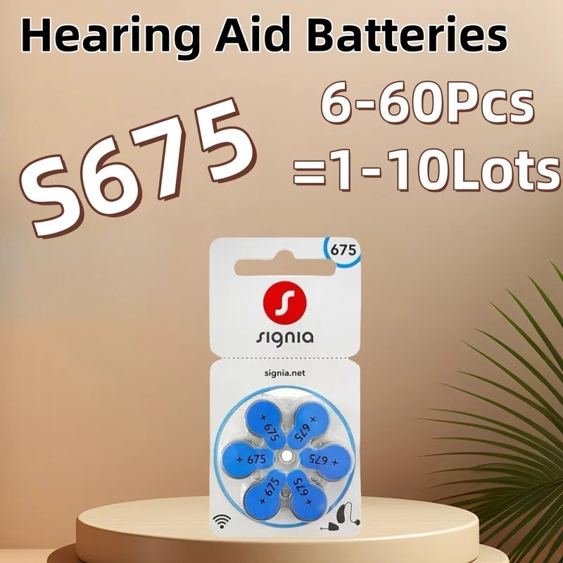 6-60PCS Signia แบตเตอรี่เครื่องช่วยฟังขนาด 675 60 ชิ้น/10 การ์ด S675 A675 ZA675 PR44 P675, Signia เค