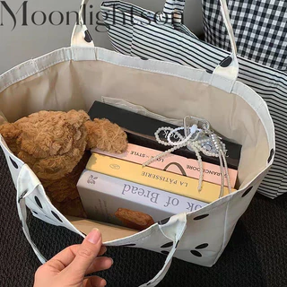 พร้อมส่ง🔥กระเป๋าผ้าแคนวาสลายทางสไตล์เกาหลี กระเป๋าโท้ทสะพายไหล่ ดีไซน์ลุคชิล จุของได้เยอะ เหมาะสำหรับใช้งานทุกวัน
