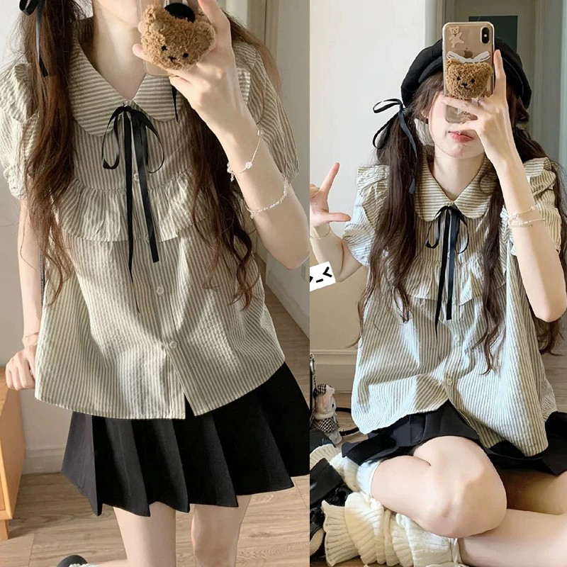 W756 มีสต็อกพร้อมส่งค่ะ เสื้อเชิ้ตแขนสั้นผู้หญิง แขนพัฟฟ์ คอปีเตอร์แพน สไตล์หวานน่ารัก เหมาะแต่งตัวฤดูร้อนค่ะ