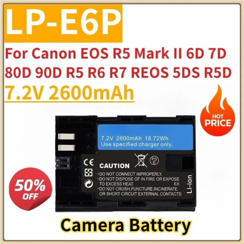 ใหม่เปลี่ยนแบตเตอรี่กล้อง 7.2V 2600mAh LP-E6P สําหรับ Canon EOS R5 Mark II 6D 7D 80D 90D R5 R6 R7 EO