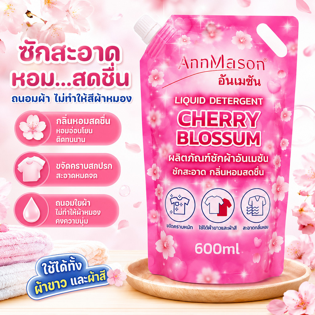 XYY-01【annmason】 น้ำยาซักผ้า กลิ่นซากุระ ผลิตภัณฑ์ซักผ้าชนิดน้ำ 600 ml  กลิ่นหอมติดทน