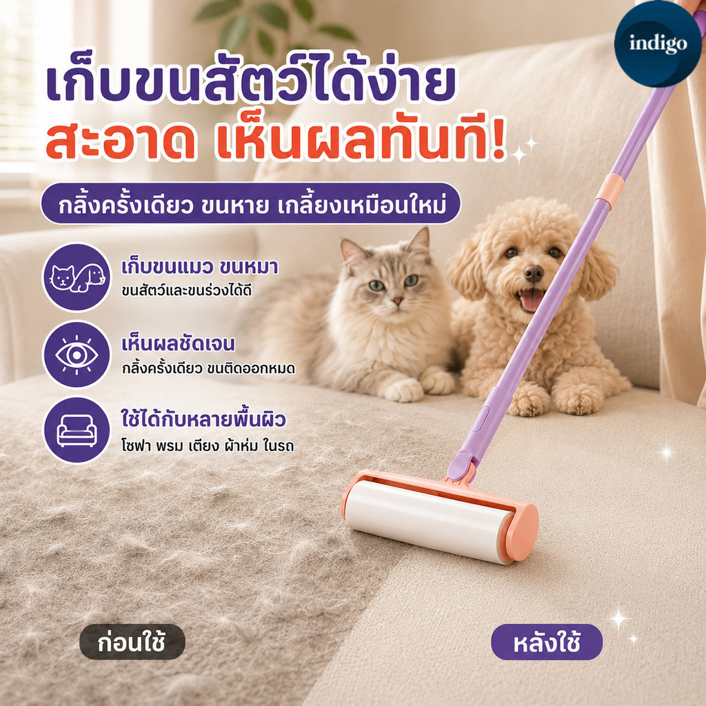 24cm ลูกกลิ้งทำความสะอาด ลูกกลิ้งดักฝุ่น ลูกกลิ้งเก็บขน ลูกกลิ้งฝุ่น ด้ามจับปรับความยาวได้ หมุนได้180 องศา พร้อมฝาครอบ