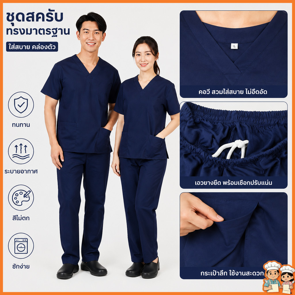 จัดส่งจากกรุงเทพฯ ชุดสครับ เสื้อคอวี+กางเกง ชุดแพทย์ ชุดพยาบาล ชุดห้องผ่าตัด ชุดเข้าเวร ชายหญิง