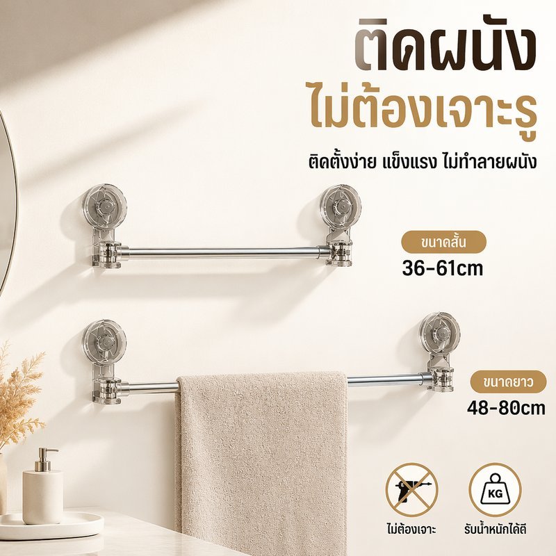 ราวแขวนผ้าขนหนู ราวตากผ้าติดผนัง แบบยืดหด ไม่ต้องเจาะ กันน้ำ กันสนิม รับน้ำหนักดี ประหยัดพื้นที่