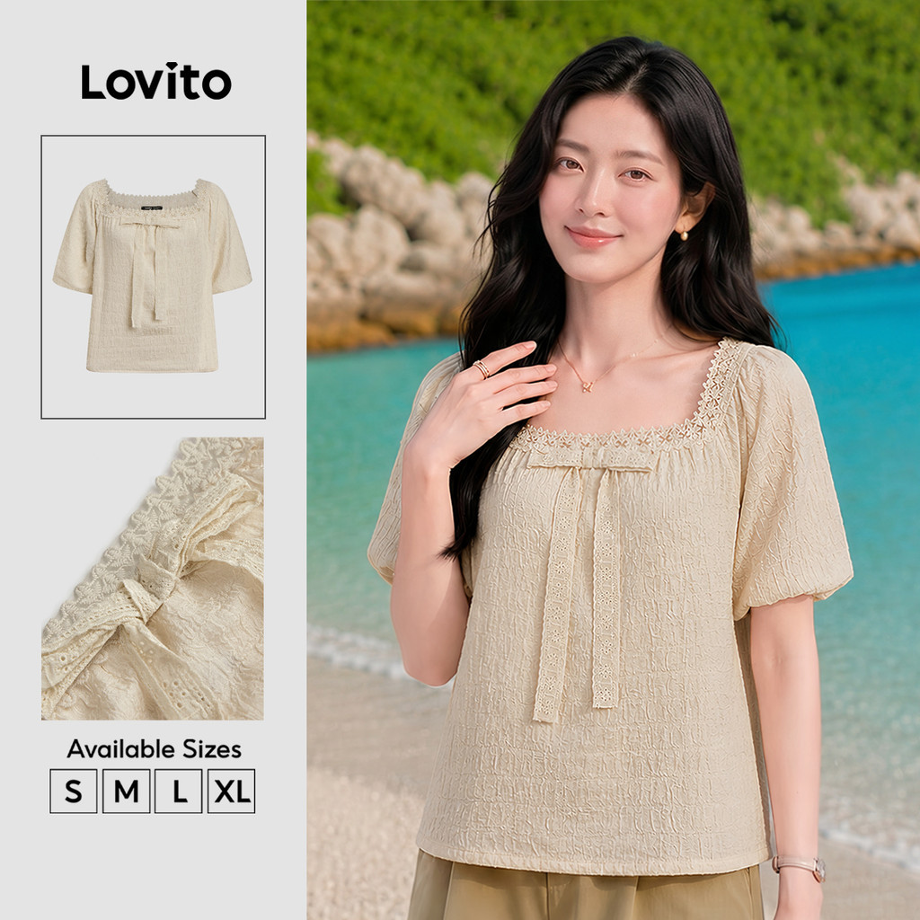 Lovito วันหยุด เสื้อลําลองธรรมดาคมชัดตาข่ายลูกไม้เสื้อคอสี่เหลี่ยมสําหรับผู้หญิง LNE19122 (แอปริคอท)