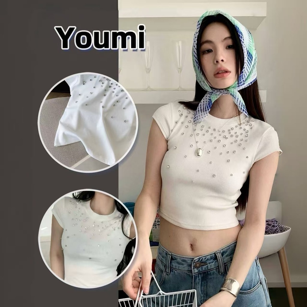 เสื้อยืดแขนสั้น คอกลมประดับเพชร เเบบสุดฮิต 2สี ผ้ายืดรูปทรงสวย แขนสั้นรัดรูปเซกซี่ Youmi