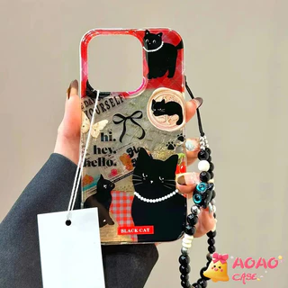 เคสไอโฟน17 สำหรับ iPhone 11 16 13 15 12 14 Pro Max 8 16 7 14 15 Plus XR XS MAX X SE 2020 สร้อยข้อมือแมวสีดำหวาน